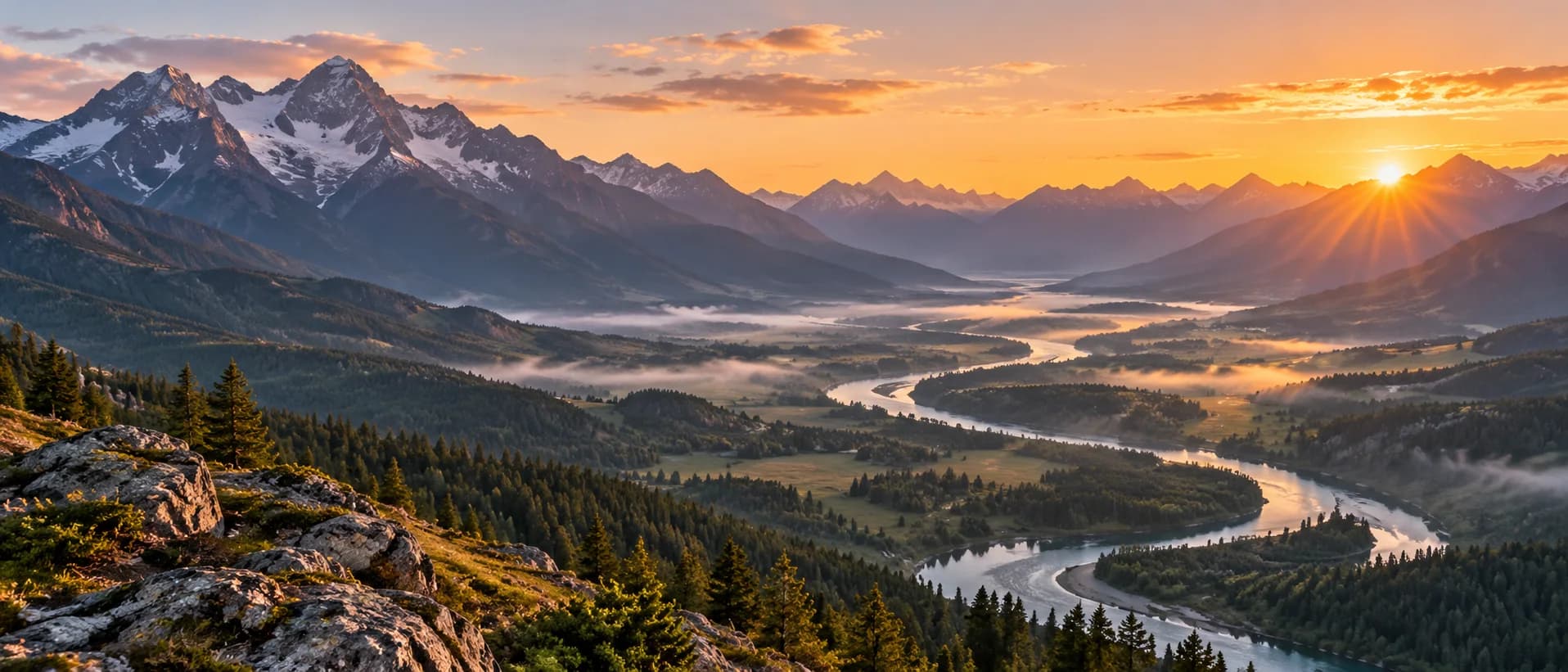 Mountains at sunrise above a misty valley with a winding river