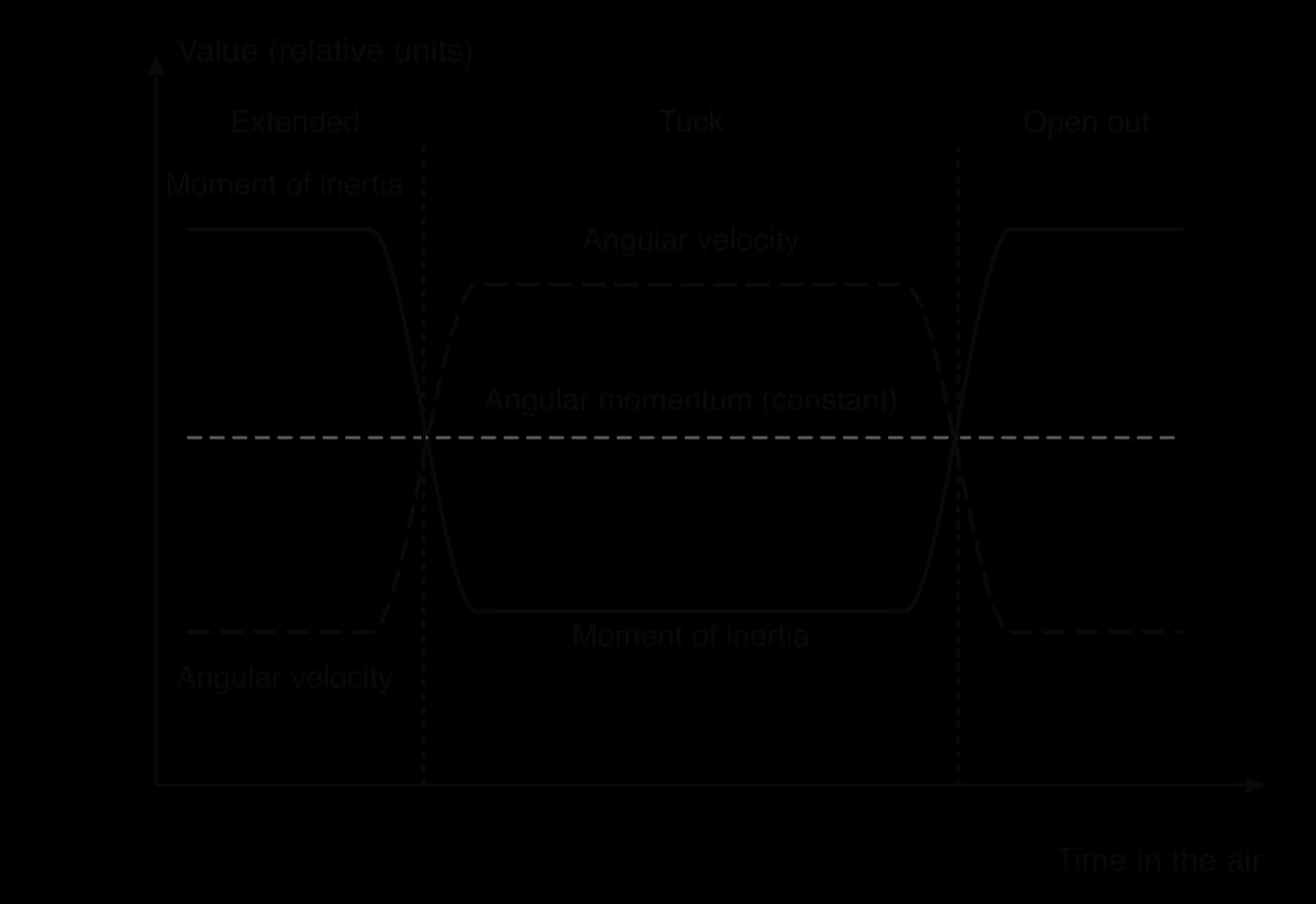 Sketch of a tucked dive against time: moment of inertia is high, falls in the tuck and rises when the diver opens out; angular velocity does the opposite; angular momentum is a constant horizontal line.