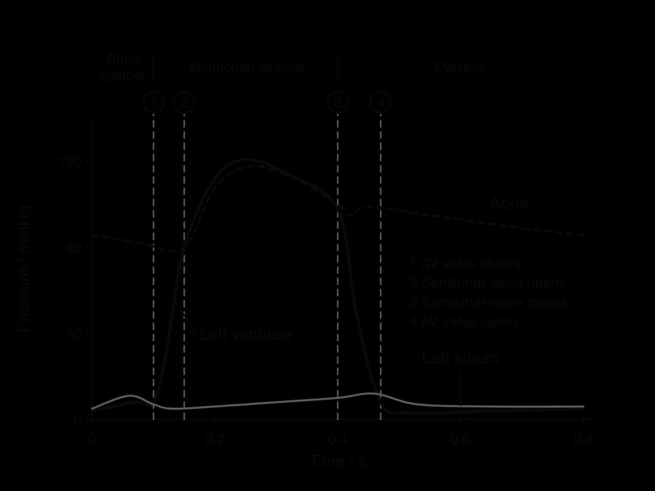Pressure (0–140 mmHg) against time (0–0.8 s), left side of the heart. Aortic pressure stays between about 80 and 120 mmHg; ventricular pressure rises from near 0 to about 120 mmHg in systole; atrial pressure stays low. Dashed lines mark the four valve events.