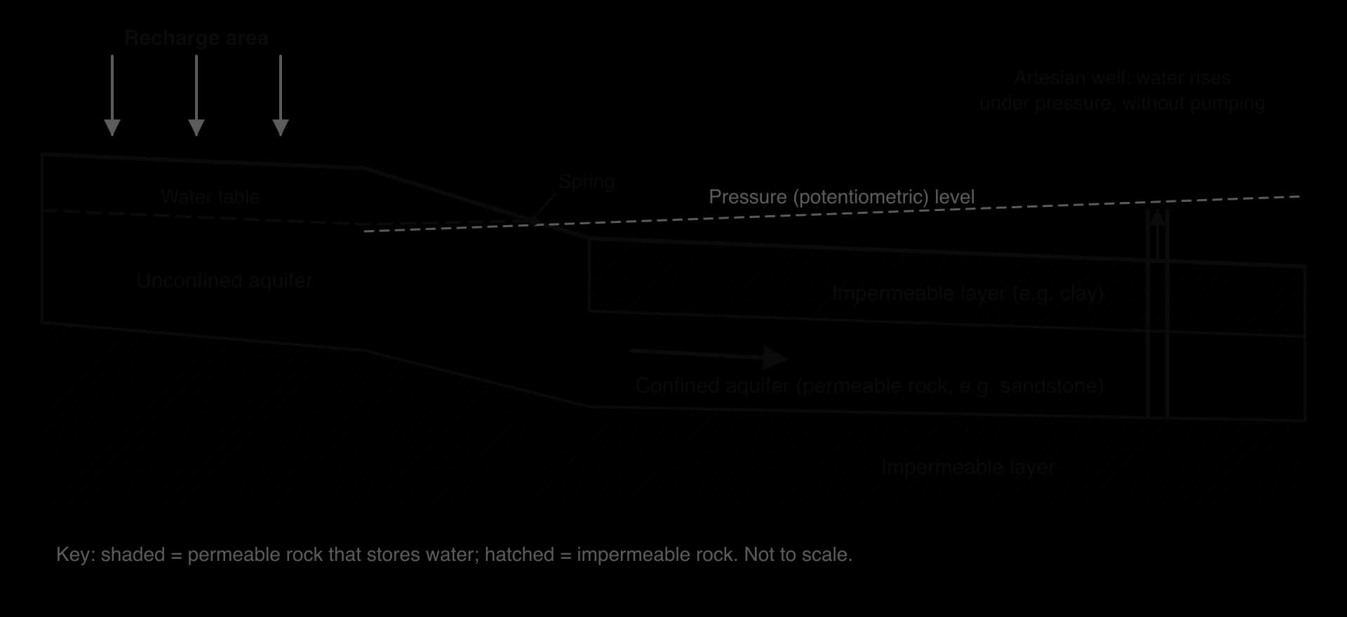 Cross-section of an unconfined aquifer with a water table and spring, and a confined aquifer of permeable rock between impermeable layers, recharged on high ground; an artesian well where water rises under pressure.