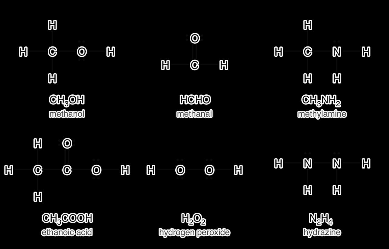 Lewis formulas of methanol, methanal, methylamine, ethanoic acid, hydrogen peroxide and hydrazine, showing every bond and every lone pair: two lone pairs on each O, one lone pair on each N.