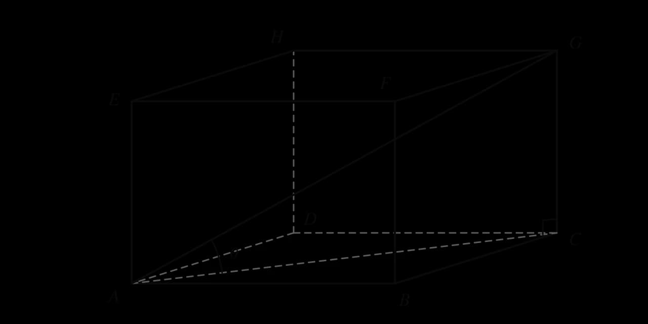 Cuboid ABCDEFGH with shaded base ABCD and top face EFGH, E above A, F above B, G above C and H above D. The space diagonal AG is drawn with the dashed base diagonal AC below it. Angle ACG is a right angle and the angle between AG and AC at A is θ.