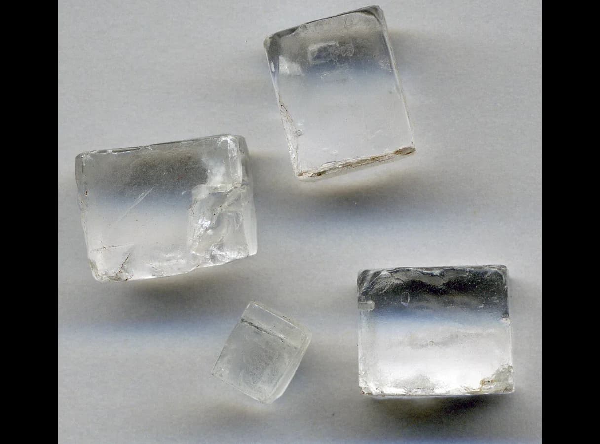 Four colourless, transparent crystals of halite (rock salt) of different sizes, with flat faces meeting at right angles so that each is roughly a cube or a rectangular block.
