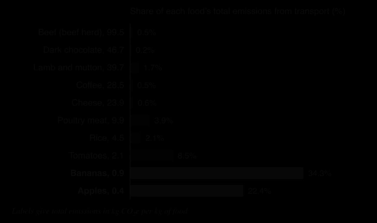 Bar chart of transport's share of total food emissions: beef 0.5% of 99.5 kg CO2e per kg, dark chocolate 0.2%, lamb 1.7%, coffee 0.5%, cheese 0.6%, poultry 3.9%, rice 2.1%, tomatoes 8.5%, bananas 34.3% of 0.9 kg, apples 22.4% of 0.4 kg.