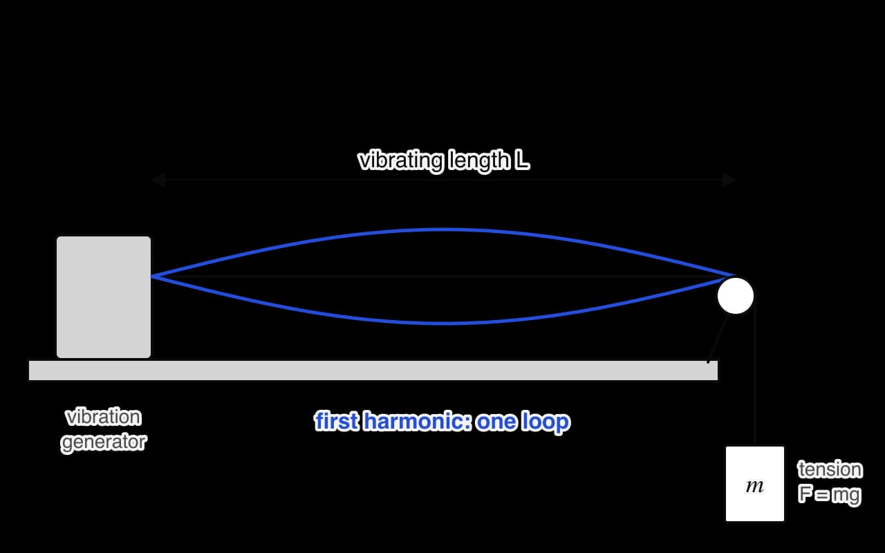 A string runs horizontally from a vibration generator on the left over a pulley on the right, where a hanging mass m pulls it taut with tension F = mg. The vibrating length L runs from the generator to the pulley. The string vibrates in one loop, drawn in blue.
