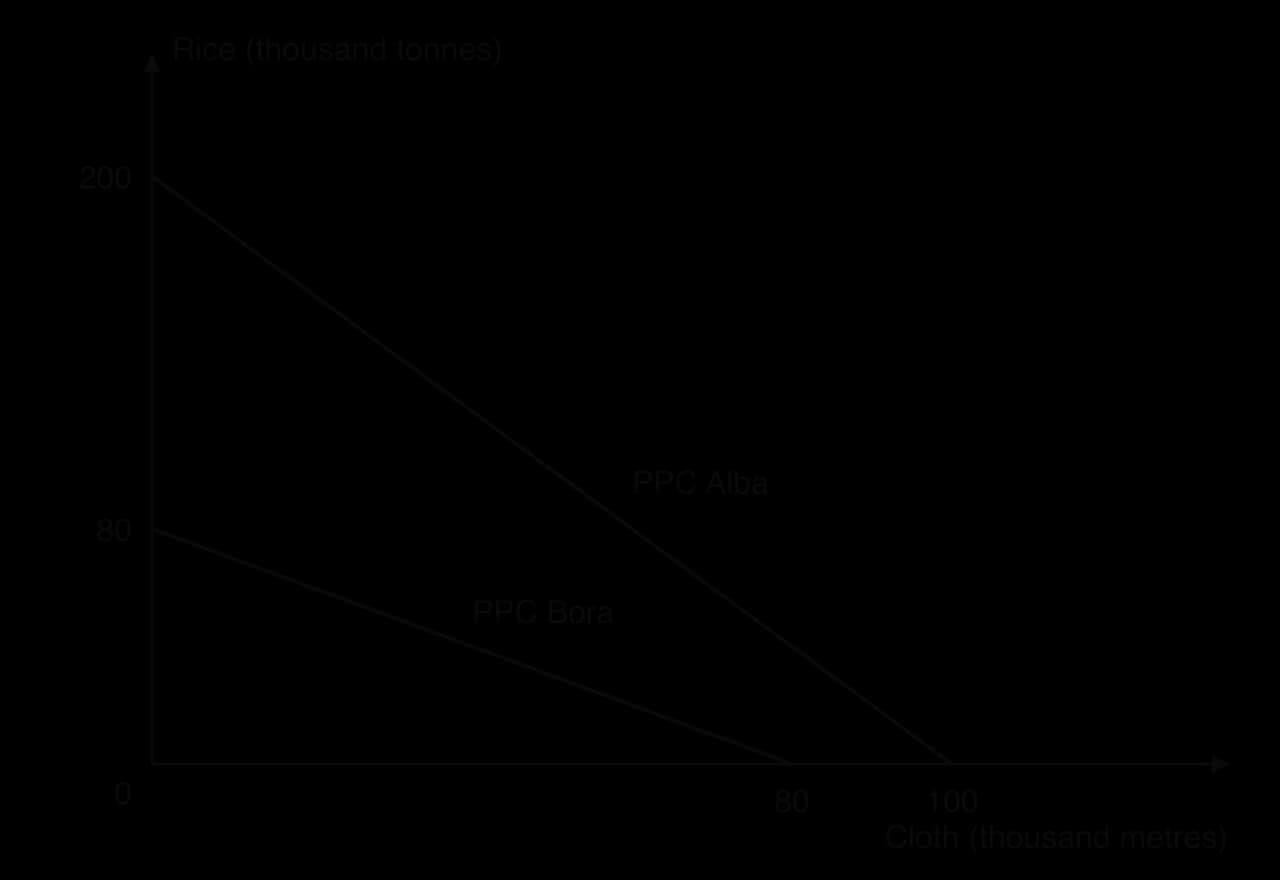 Linear PPCs: rice (thousand tonnes) against cloth (thousand metres). Alba's runs from 200 rice to 100 cloth; Bora's from 80 rice to 80 cloth, so Alba's is steeper.