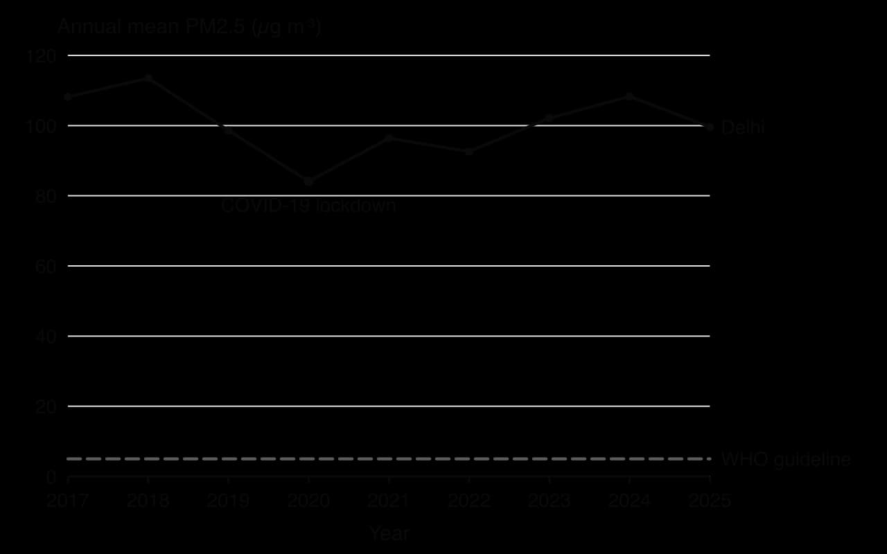 Line chart of Delhi annual mean PM2.5: 108.2 in 2017, 113.5 in 2018, 98.6 in 2019, 84.1 in 2020 (COVID-19 lockdown), 96.4, 92.6, 102.1, 108.3 in 2024 and 99.6 µg per cubic metre in 2025, against the WHO guideline of 5.