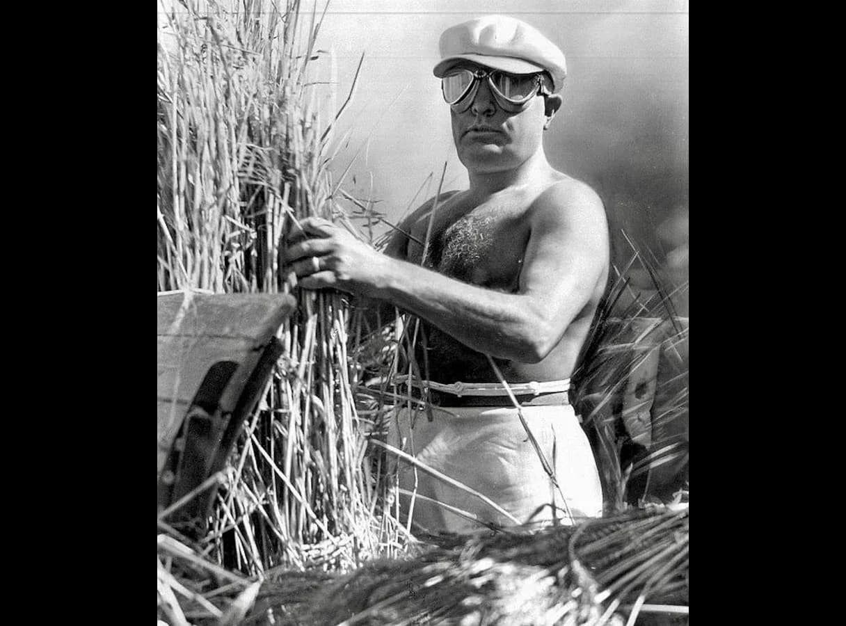 Black-and-white photograph of Benito Mussolini, stripped to the waist and wearing a cap and driving goggles, gripping a bundle of wheat stalks, with a wooden cart at the edge of the frame.