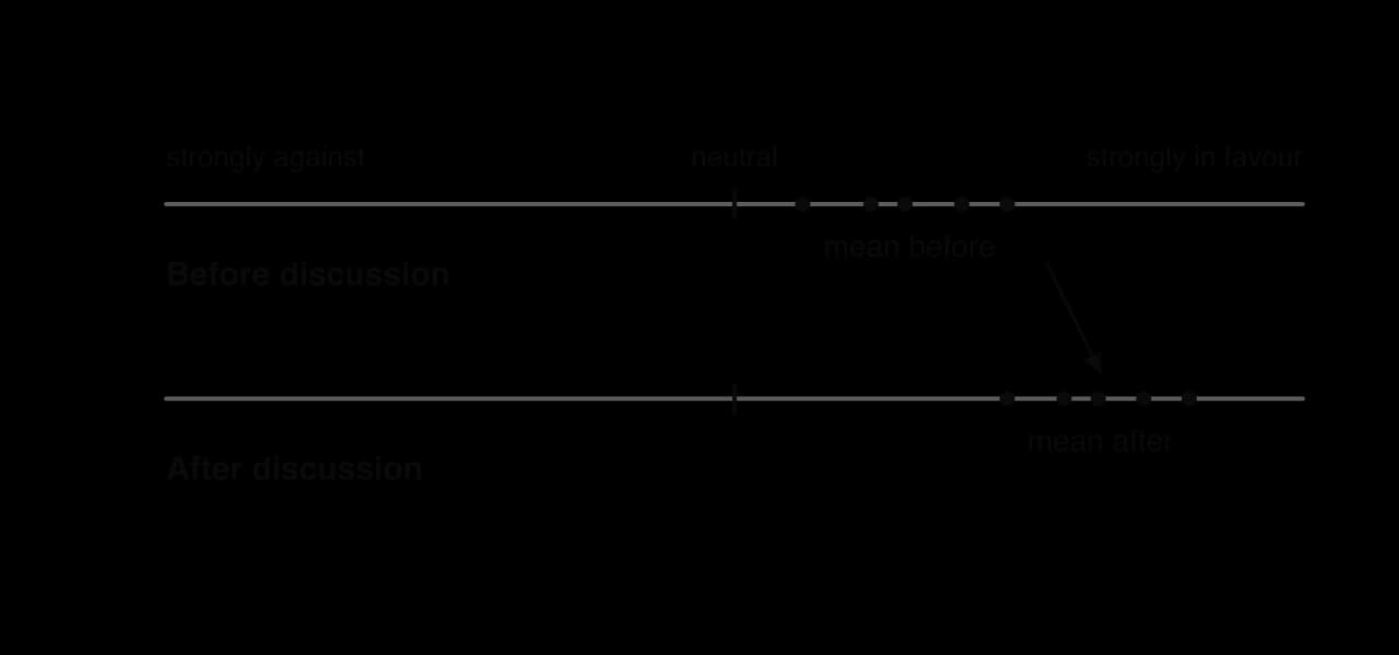 Hypothetical example on an attitude scale from strongly against to strongly in favour: five group members mildly in favour before discussion all move further towards strongly in favour after discussion; the group mean shifts outwards.