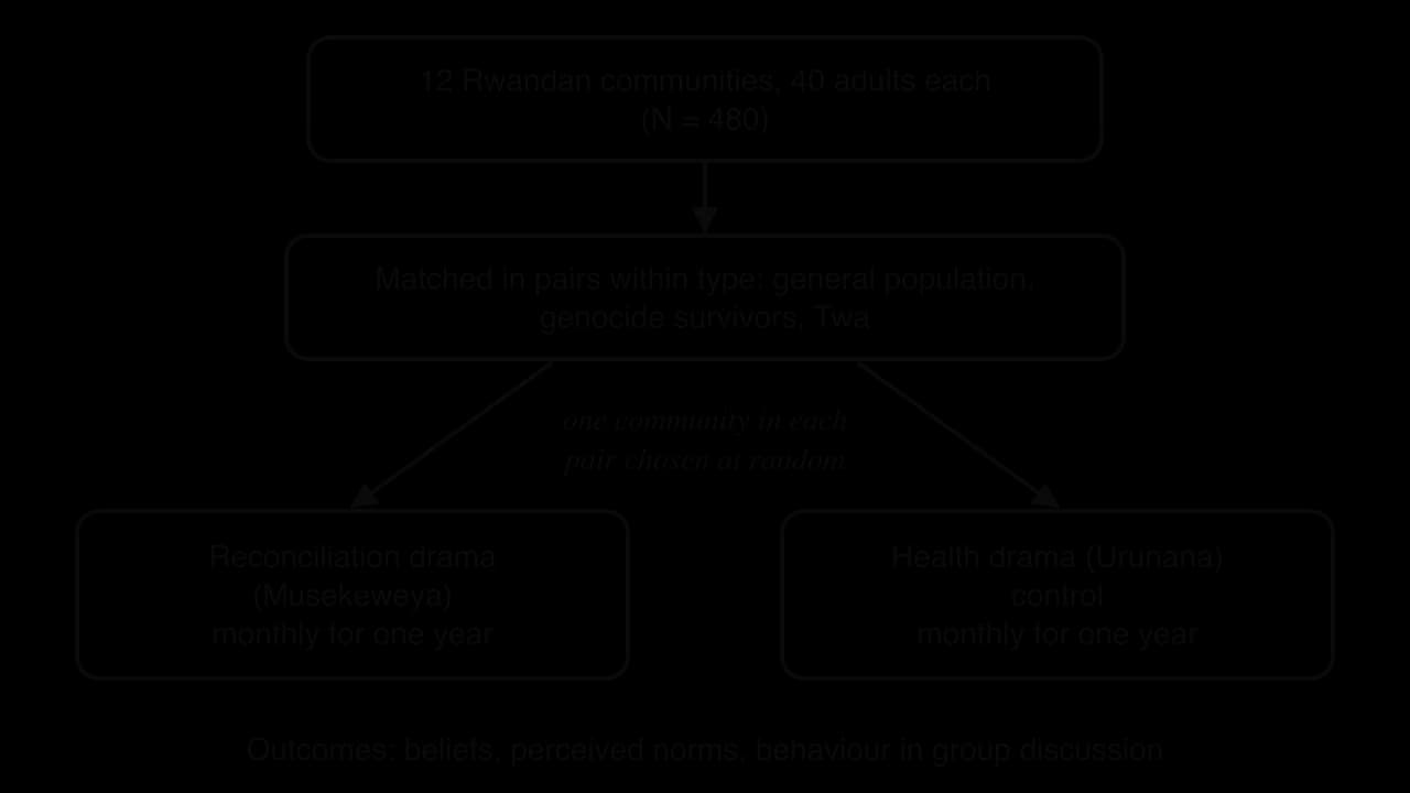 Design flow: 12 Rwandan communities of 40 adults (N = 480), matched in pairs within general population, genocide survivor and Twa types; one of each pair randomly assigned to the reconciliation drama Musekeweya, the other to the health drama Urunana, monthly for a year.