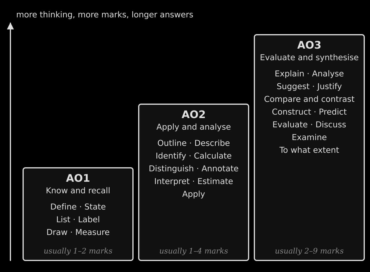 Command terms as three rising steps. AO1, know and recall: define, state, list, label, draw, measure (1–2 marks). AO2: outline, describe, identify, calculate, distinguish, annotate, interpret, estimate, apply (1–4). AO3: explain, evaluate, discuss, to what extent and more (2–9).