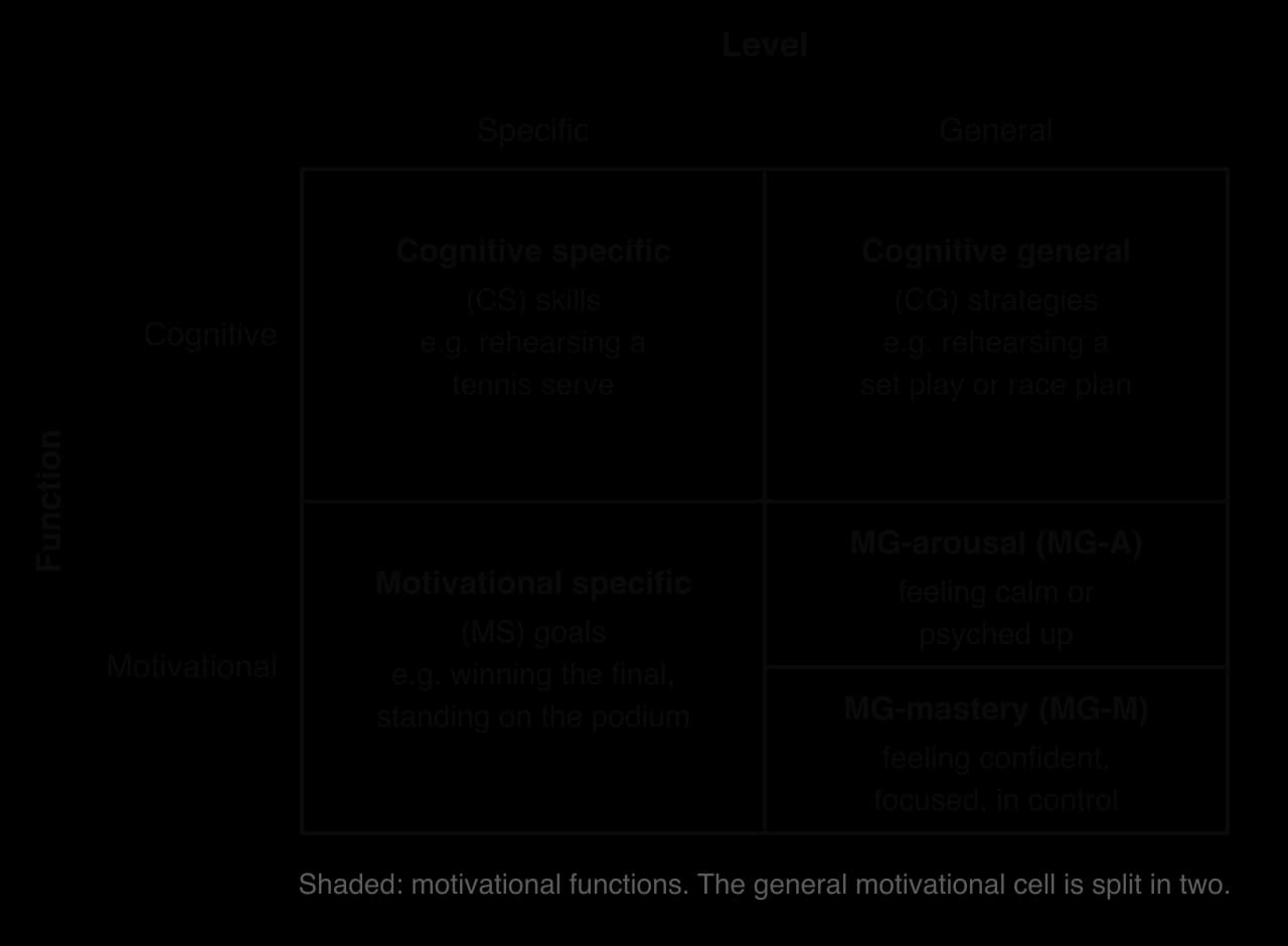 Paivio's framework as a grid: function (cognitive, motivational) by level (specific, general). Cognitive specific: skills; cognitive general: strategies; motivational specific: goals; motivational general split into MG-arousal and MG-mastery.