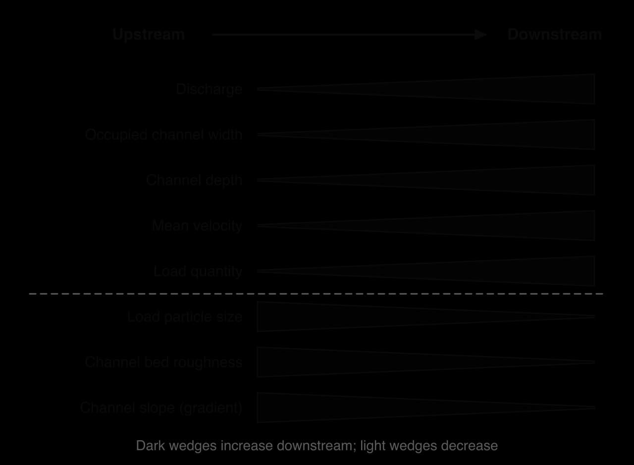 Bradshaw model as wedges from upstream to downstream: discharge, occupied channel width, channel depth, mean velocity and load quantity increase; load particle size, bed roughness and channel slope decrease.