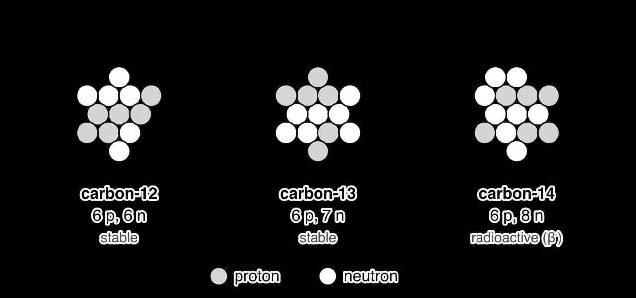 Three nuclei drawn as clusters of grey protons and white neutrons. Carbon-12 has 6 protons and 6 neutrons and is stable; carbon-13 has 6 protons and 7 neutrons and is stable; carbon-14 has 6 protons and 8 neutrons and is radioactive, decaying by beta-minus emission.
