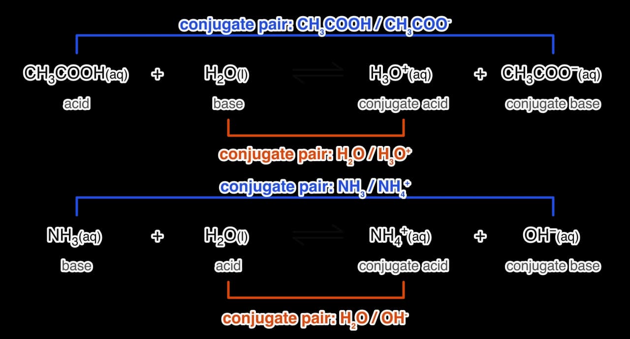 Two equilibria with their conjugate pairs bracketed. CH3COOH + H2O ⇌ H3O+ + CH3COO−: acid and conjugate base CH3COOH/CH3COO− (blue), base and conjugate acid H2O/H3O+ (orange). NH3 + H2O ⇌ NH4+ + OH−: NH3/NH4+ (blue) and H2O/OH− (orange).