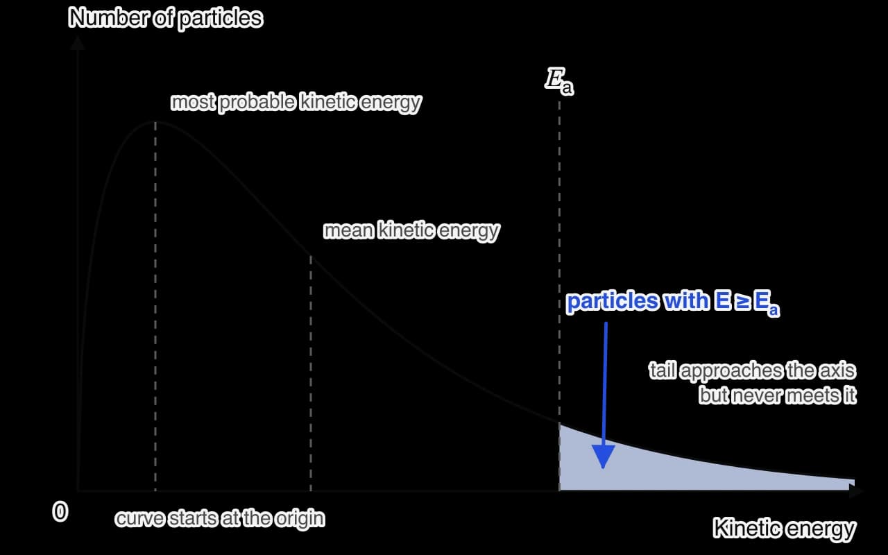 Maxwell–Boltzmann distribution: number of particles against kinetic energy. The curve starts at the origin, rises to a peak at the most probable kinetic energy, then falls in a long tail that approaches but never meets the energy axis. The mean energy lies to the right of the peak.