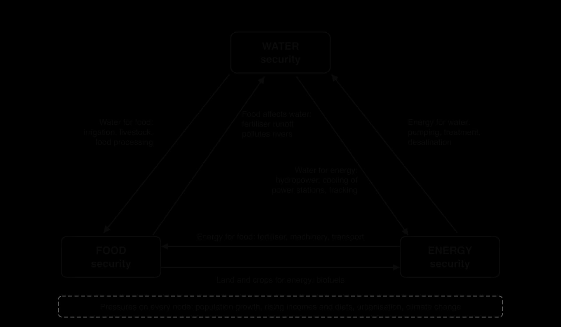 Triangle diagram of the water–food–energy nexus. Paired arrows link water, food and energy security: water for food (irrigation), food affects water (runoff), water for energy (hydropower, cooling, fracking), energy for water (pumping, desalination), biofuels, energy for food.