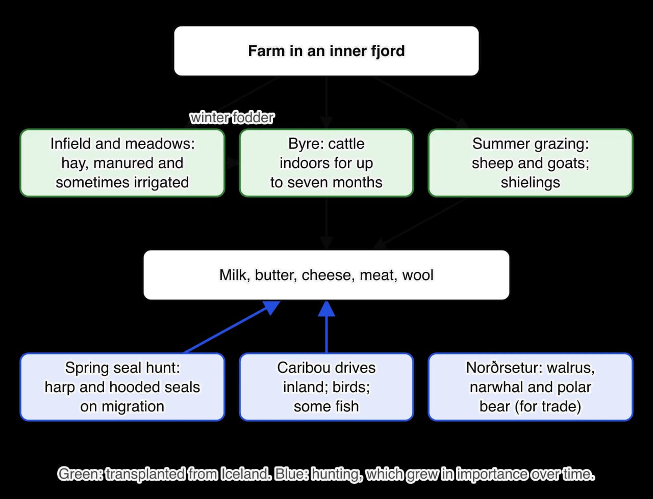 Flow diagram of a Greenland Norse farm economy. Green boxes (from Iceland): hay from manured and irrigated infields, a byre where cattle stood for up to seven months, summer grazing of sheep and goats with shielings, all producing milk, butter, cheese, meat and wool.