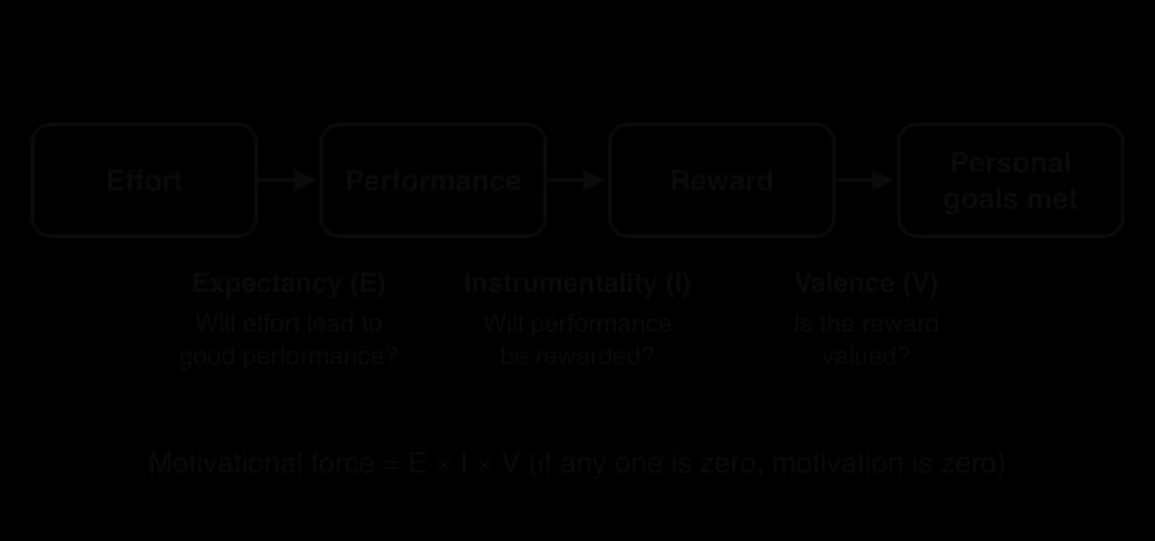 Expectancy theory chain: effort to performance (expectancy: will effort lead to good performance?), performance to reward (instrumentality: will performance be rewarded?), reward to personal goals (valence: is the reward valued?). Motivational force = E × I × V.
