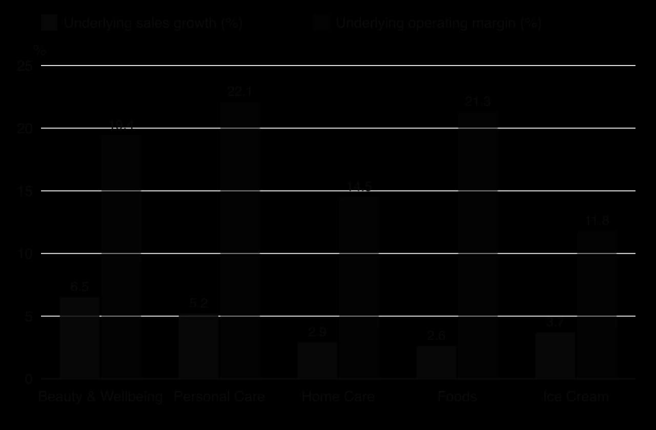Column chart of Unilever business groups in 2024, underlying sales growth and underlying operating margin: Beauty & Wellbeing 6.5% and 19.4%; Personal Care 5.2% and 22.1%; Home Care 2.9% and 14.5%; Foods 2.6% and 21.3%; Ice Cream 3.7% and 11.8%.