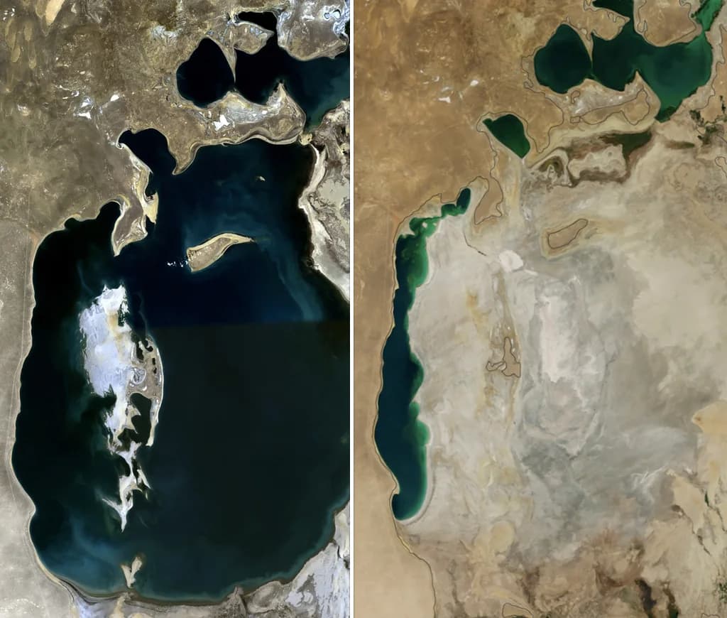 Satellite images of the Aral Sea in 1989 (left), a large dark-blue lake, and in 2014 (right), where only a thin western strip of the South Aral and the dammed North Aral remain, surrounded by pale dry seabed.