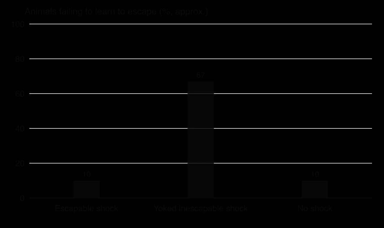 Column chart of animals failing to learn to escape in the shuttle box: escapable shock about 10%, yoked inescapable shock about 67%, no shock about 10%.