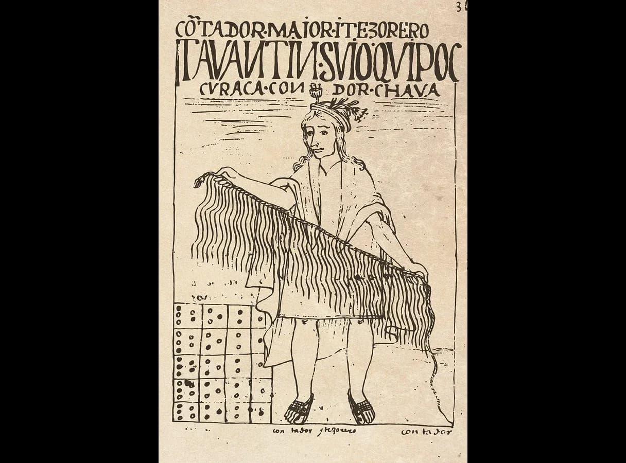 Pen drawing of an Andean official in a tunic and headband holding up a long khipu, a cord with many hanging knotted strings. At his feet is a counting board of squares with dots. The heading names him chief accountant and treasurer of Tawantinsuyu.