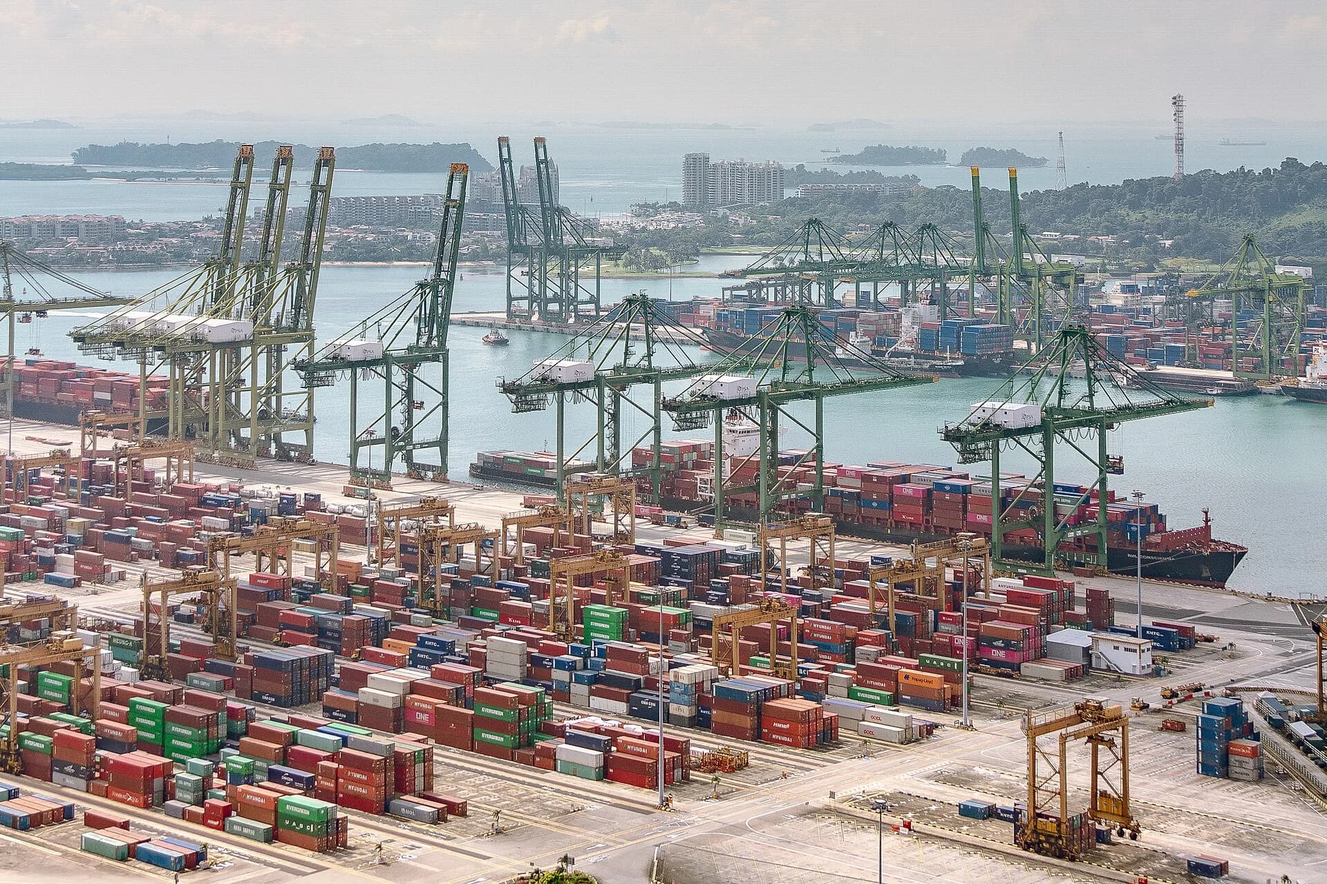 Aerial view of the Port of Singapore: rows of green gantry cranes loading container ships, with stacks of shipping containers in the foreground and islands in the distance.