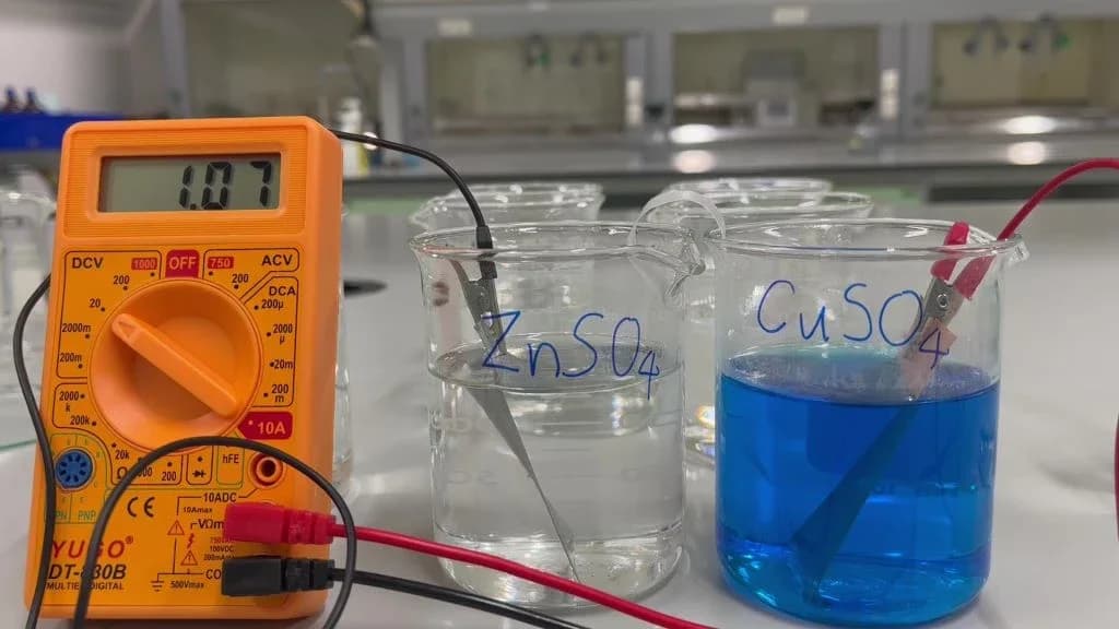 Two beakers labelled ZnSO4 (a colourless solution with a zinc strip) and CuSO4 (a blue solution with a copper strip), each strip held by a crocodile clip and connected by leads to a digital multimeter reading 1.07 V.