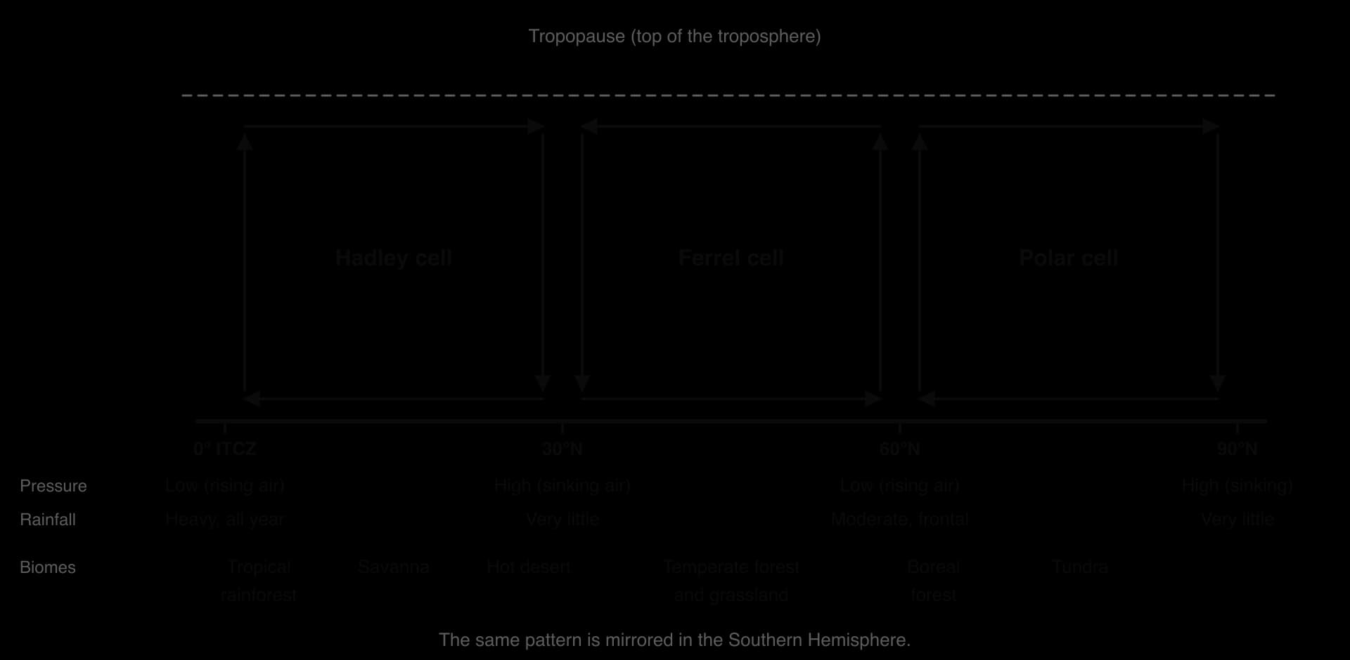 Tricellular model from 0° to 90°N: Hadley cell (rising at ITCZ, sinking at 30°N), Ferrel cell (sinking at 30°, rising at 60°), polar cell (rising at 60°, sinking at pole). Low pressure and rain at 0° and 60°, high pressure and dry at 30° and 90°; biomes beneath.