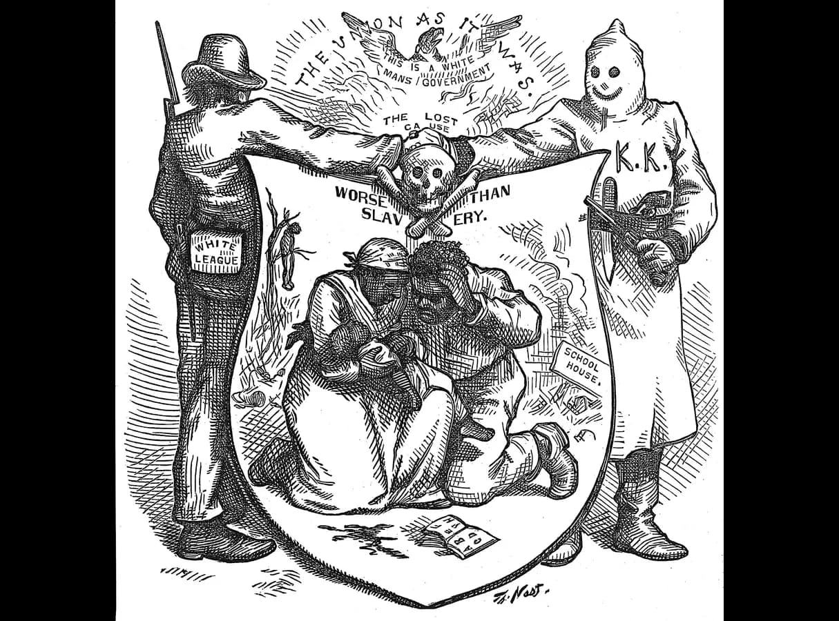 Engraving of a shield held by an armed White League man and a hooded Ku Klux Klan member who join hands over a skull. On the shield a Black couple kneel in despair beside a dropped schoolbook, a burning schoolhouse and a lynched man. The shield reads "Worse than slavery"; the banner above reads…