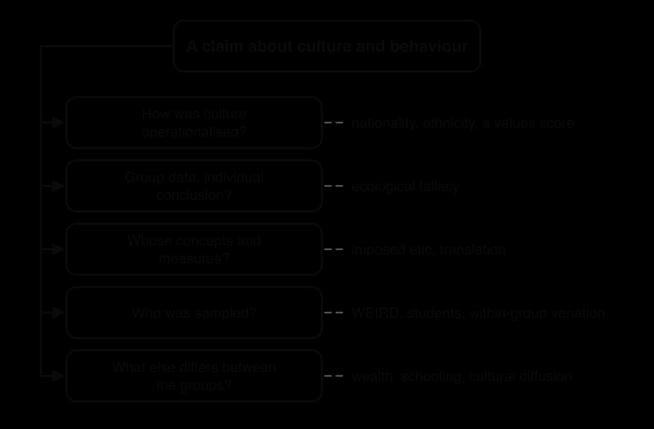 Flow chart: a claim about culture and behaviour leads to five questions: how culture was operationalised; group data used for individual conclusions (ecological fallacy); whose concepts and measures (imposed etic, translation); who was sampled; what else differs.