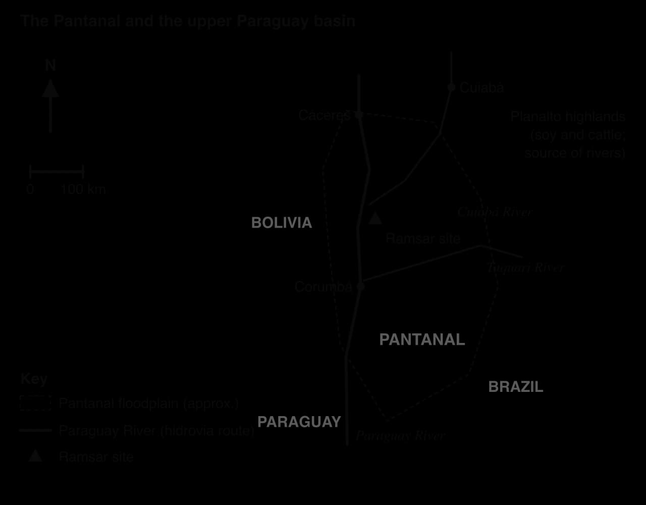 Sketch map of the Pantanal floodplain in Brazil near Bolivia and Paraguay, with north arrow and 100 km scale: the Paraguay River past Cáceres and Corumbá, the Cuiabá and Taquari rivers from the Planalto highlands to the east, and a Ramsar site.