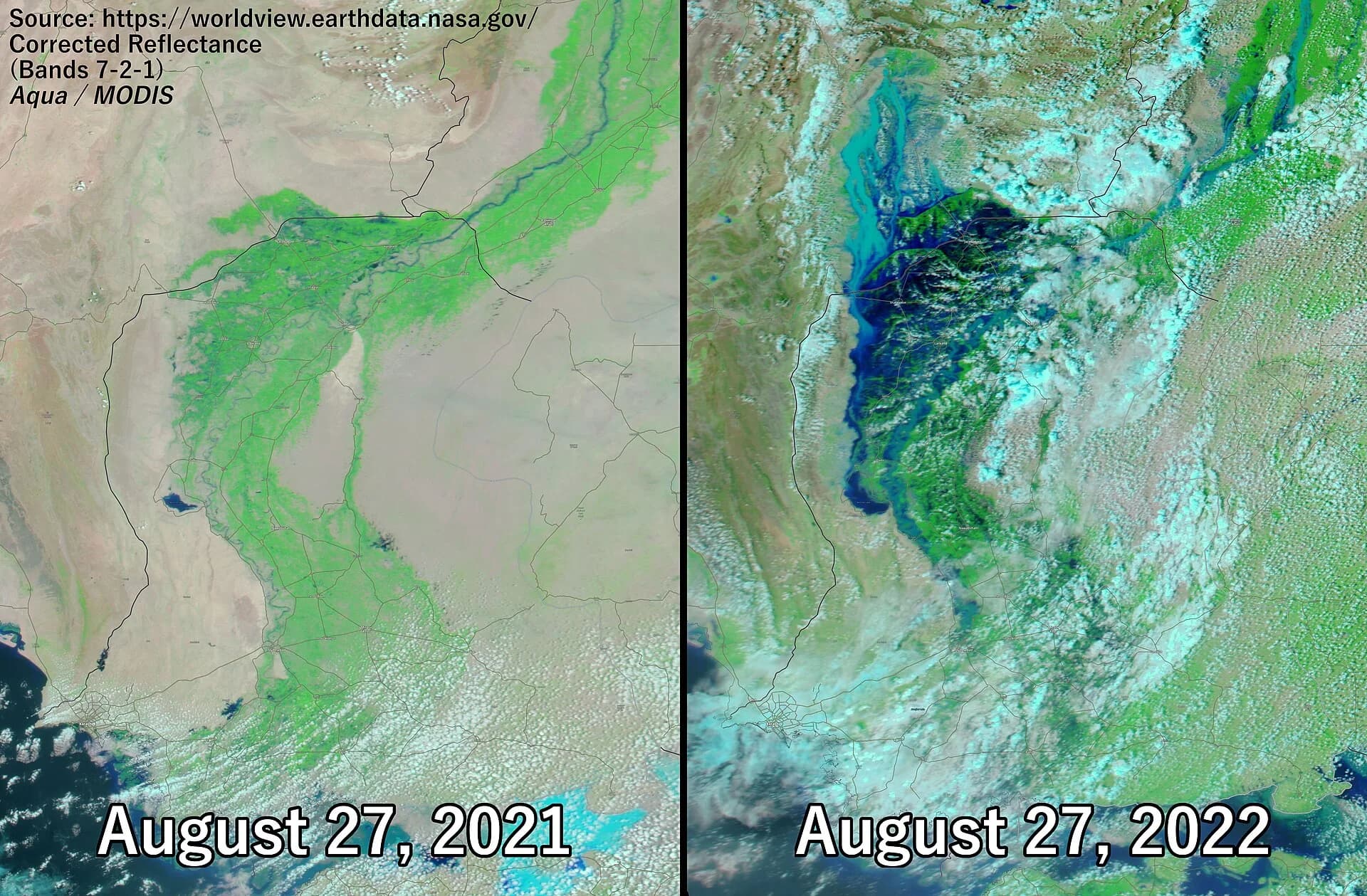 Two NASA MODIS false-colour satellite images of Sindh, Pakistan, on 27 August 2021 and 27 August 2022. In 2022 a huge area west of the Indus is covered in dark blue floodwater where the 2021 image shows dry land and crops.