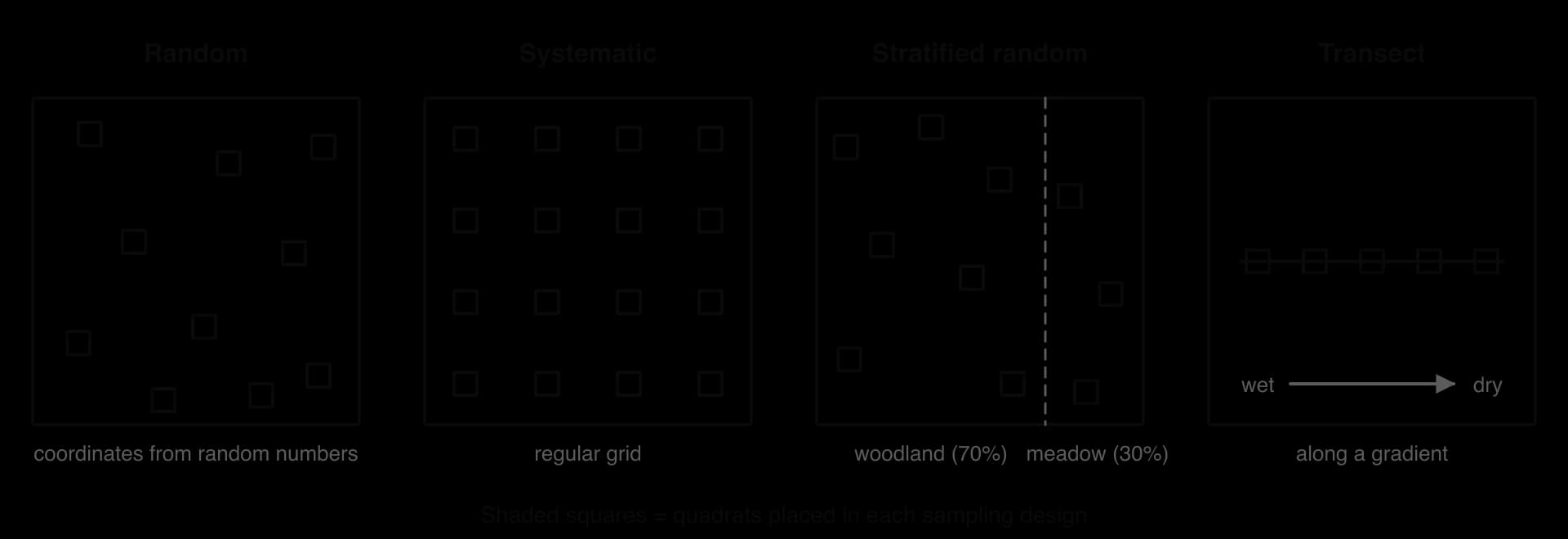 Four square sampling areas with quadrats: random positions from random numbers; a regular systematic grid; stratified random with 7 quadrats in woodland (70% of area) and 3 in meadow (30%); and quadrats along a transect line from wet to dry.