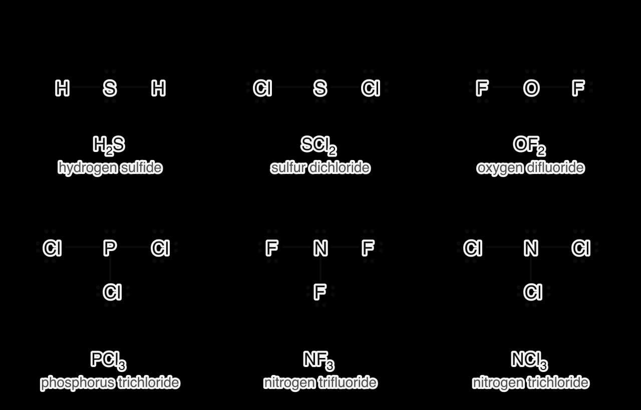 Lewis formulas drawn flat. Top row: H2S, SCl2 and OF2, each with two lone pairs on the central S or O atom and three lone pairs on each Cl or F. Bottom row: PCl3, NF3 and NCl3, each with one lone pair on the central P or N atom and three lone pairs on each Cl or F.