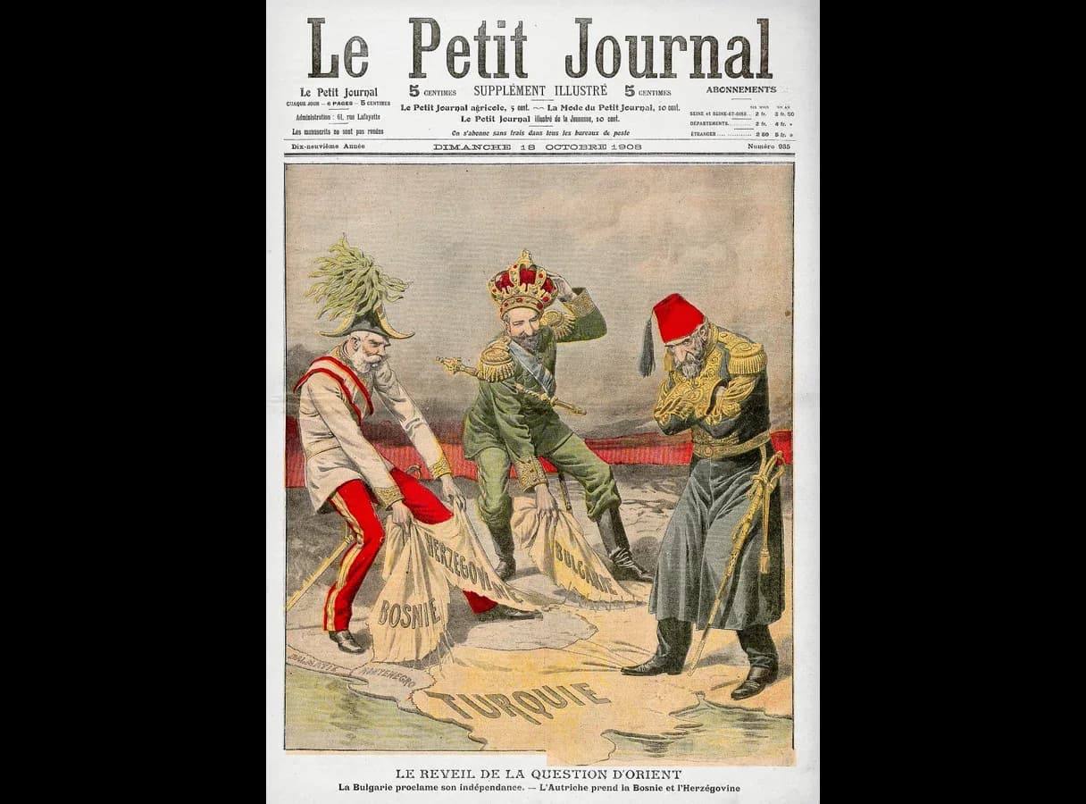 Coloured newspaper cover titled "Le Réveil de la Question d'Orient". Emperor Franz Joseph tears Bosnia and Herzegovina off a map marked Turquie, Ferdinand of Bulgaria tears off Bulgaria, and the Ottoman sultan in a fez stands by, arms folded.