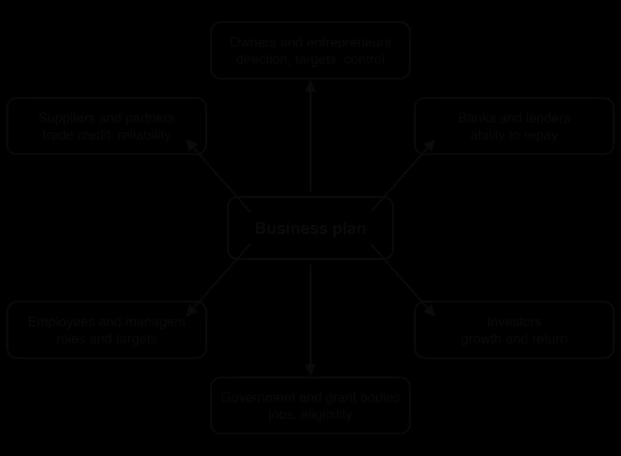 Hub diagram: the business plan in the centre, with arrows to its users and what each looks for: owners (direction, targets, control), banks (ability to repay), investors (growth and return), government and grant bodies, employees and managers, suppliers and partners.