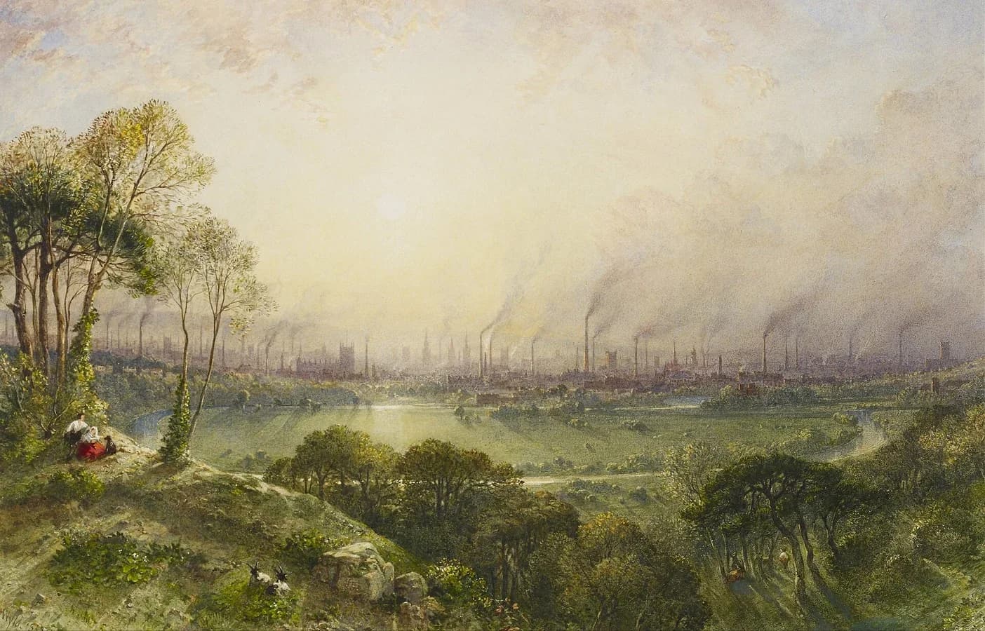 Painting of a wide view over Manchester from a grassy hill. In the foreground, figures rest with goats; in the distance, dozens of tall factory chimneys send smoke into a hazy sky above the city.
