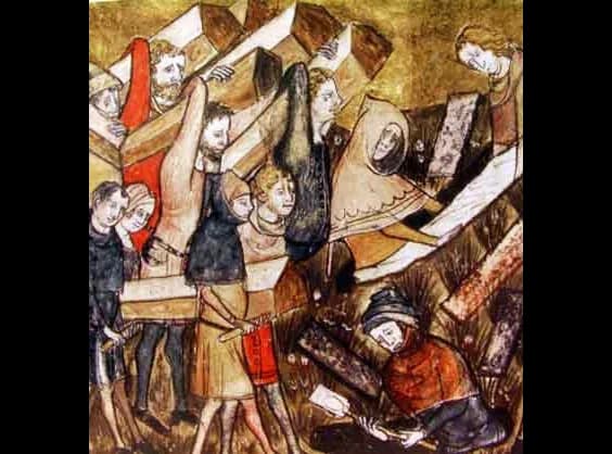 Medieval manuscript miniature. Townspeople in long robes carry wooden coffins and dig graves in a crowded burial ground; many coffins are stacked waiting to be buried.