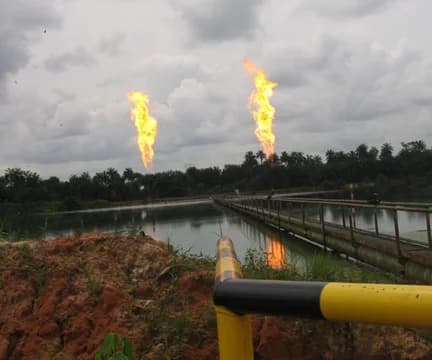 Two tall gas flares burning above a palm-fringed landscape in the Niger Delta, Nigeria, reflected in a pond beside a raised walkway and yellow pipeline in the foreground.