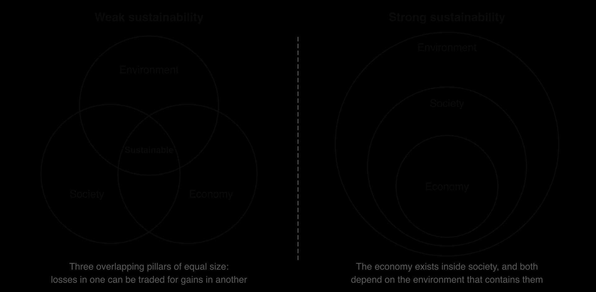 Two models side by side. Weak sustainability: three equal overlapping circles labelled environment, society and economy, with 'sustainable' where all three overlap. Strong sustainability: nested circles, economy inside society inside environment.