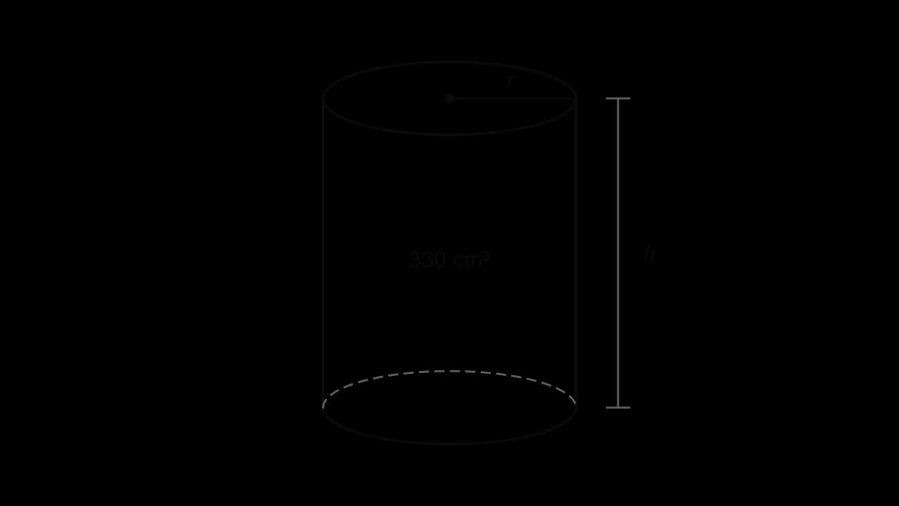 A closed cylindrical can with radius r marked on the top face and height h marked beside it. The volume is 330 cm³.