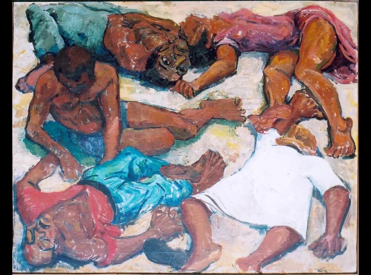 Expressionist oil painting of the bodies of several Black men and women lying close together on bare ground, painted in strong reds, blues and browns.
