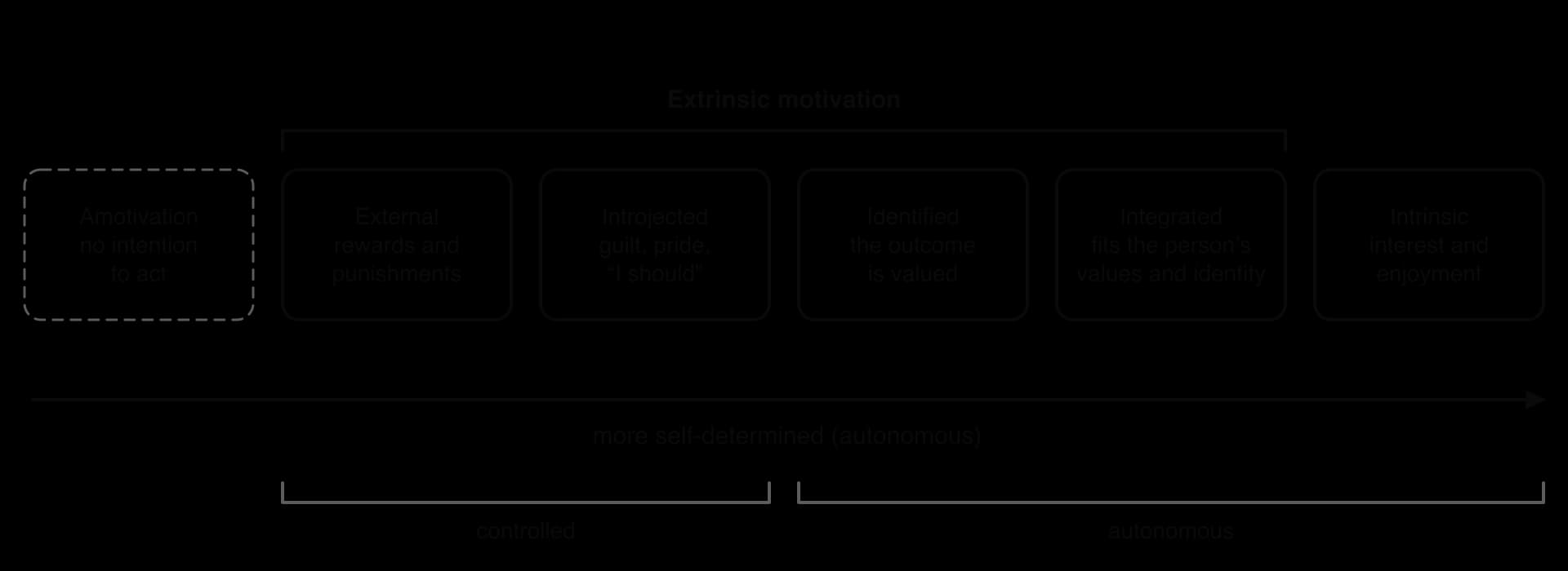 SDT continuum: amotivation; external (rewards, punishments); introjected (guilt, pride); identified (outcome valued); integrated (fits values); intrinsic (interest). The middle four are extrinsic; external and introjected are controlled, the rest autonomous.
