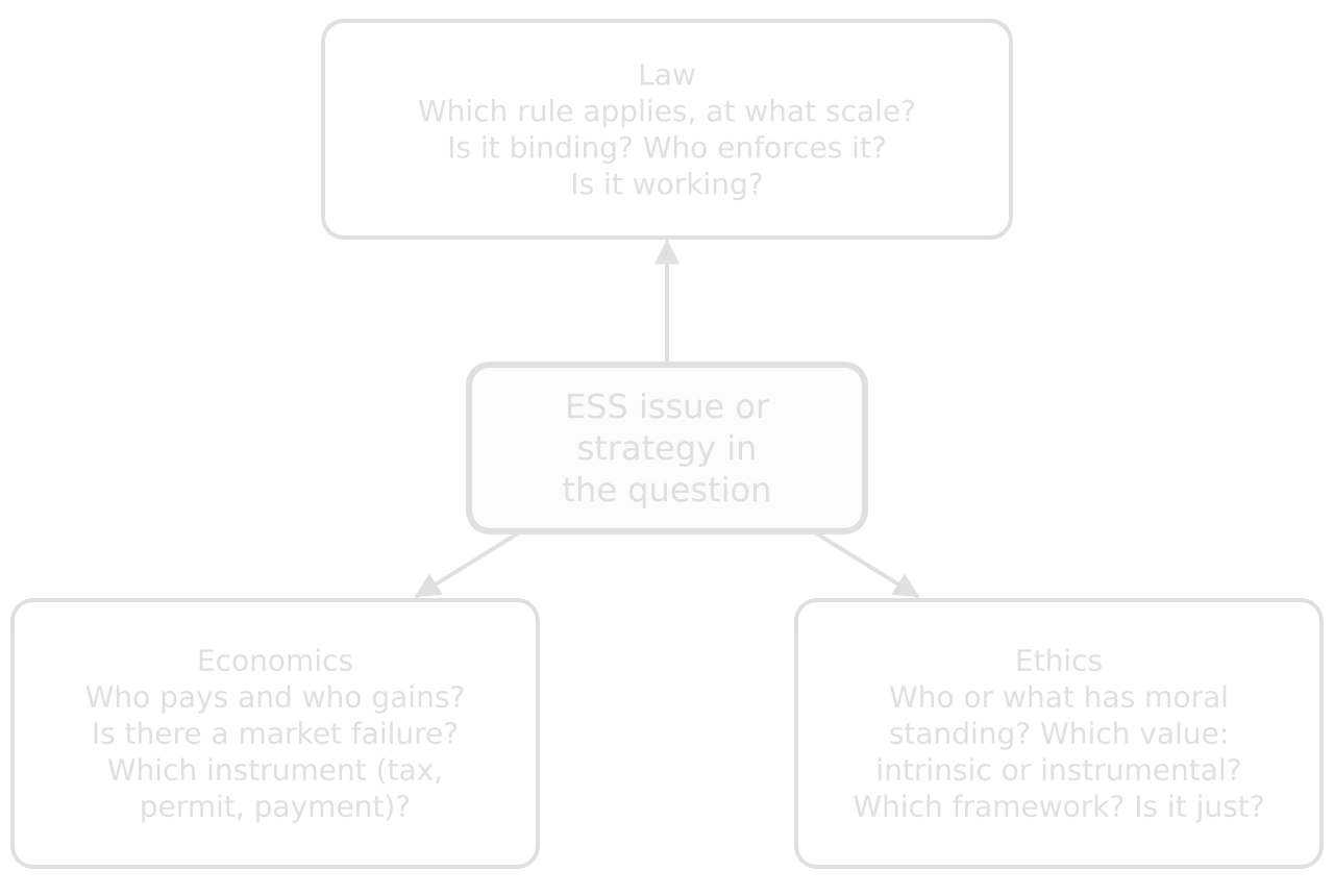An ESS issue in the centre with three HL lenses around it. Law: which rule, what scale, binding, enforced, working? Economics: who pays and gains, market failure, which instrument? Ethics: moral standing, intrinsic or instrumental value, framework, justice?