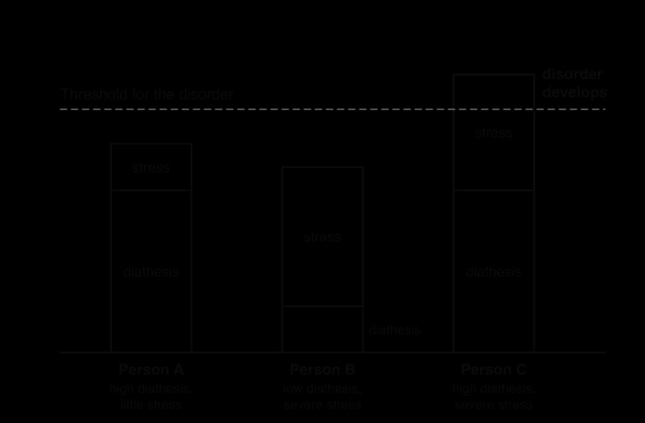 Stacked bars for three people, each made of a diathesis part and a stress part, under a dashed threshold line. Person A: high diathesis, little stress, below threshold. Person B: low diathesis, severe stress, below. Person C: high diathesis and severe stress, above: disorder develops.