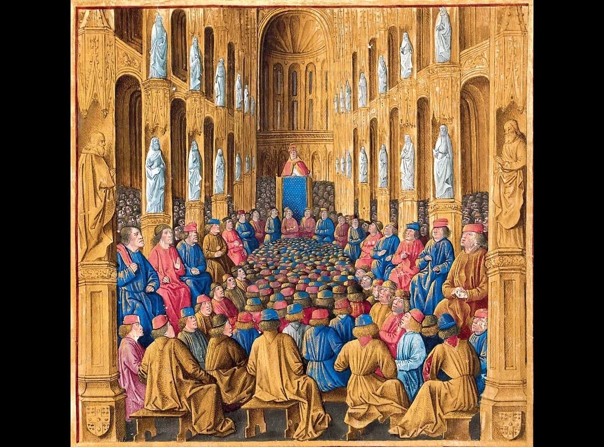 Manuscript painting of Pope Urban II, wearing a red cape and papal crown, preaching from a pulpit at the far end of a tall Gothic church to a large seated crowd of clergy and lay nobles.