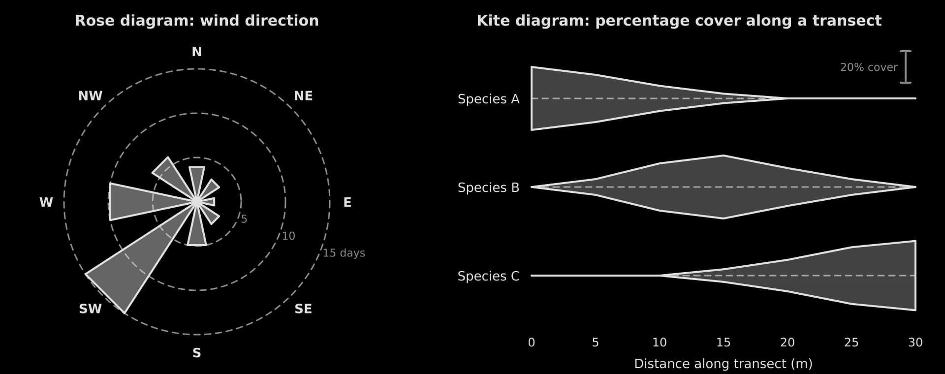 Left: rose diagram of days of wind from eight directions, with rings at 5, 10 and 15 days; south-west is longest at 15 days, west 10. Right: kite diagram of percentage cover of species A (falls), B (peaks at 15 m) and C (rises) along a 30 m transect.
