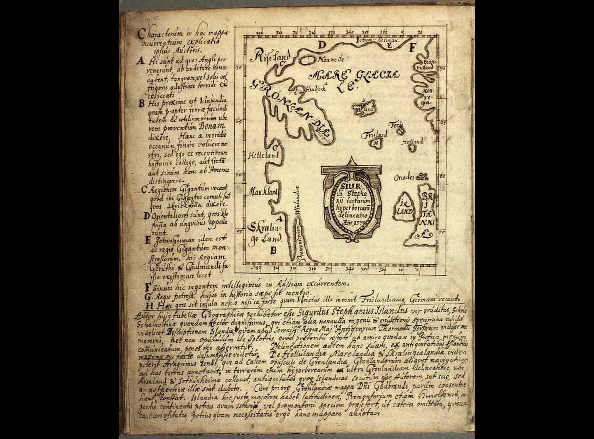 Hand-drawn map with Latin notes. Greenland is shown as a large peninsula at the top. To the south-west lie Helleland, Markland and Skrælinge Land, and a long peninsula labelled Promontorium Winlandiae. Iceland, the Faroes, Frisland, Ireland and Britain are on the right.